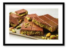 Pieces of Dubai chocolate bars with pistachios and knafeh on white table, closeup