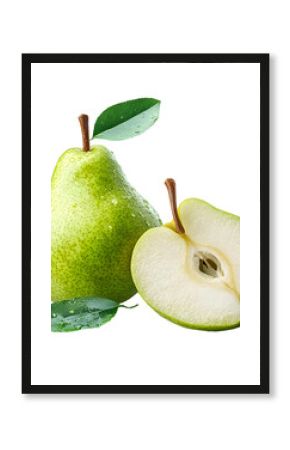 Pear with leaf isolated png. Green pear with a half on transparent background. PNG format. Pear with slice no background. Full depth of field.