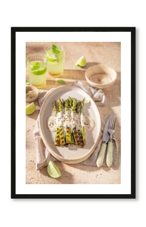 Fresh grilled asparagus with sesame and lime.
