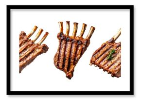 Juicy grilled rack of lamb with char marks, seasoned and cooked to perfection, isolated on white transparent background, concept of gourmet cuisine