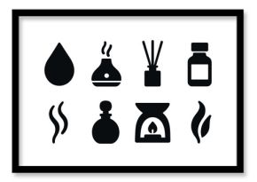 Aromatherapy and wellness solid icon set – flat style relaxation, essential oils, spa symbols for holistic healing: drop, diffuser, incense, bottle, flame, scent