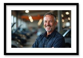 Smiling portrait of middle-aged car mechanic at workshop. Happy man in professional uniform with arms crossed. Automotive service technician stands near cars. Repair and maintenance concept.