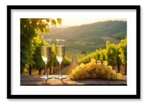 Scenic vineyard photo featuring two champagne glasses against backdrop of rolling hills. Image includes grapes on wooden table. Sunset light bathes landscape. Ideal for wine, tourism, travel,