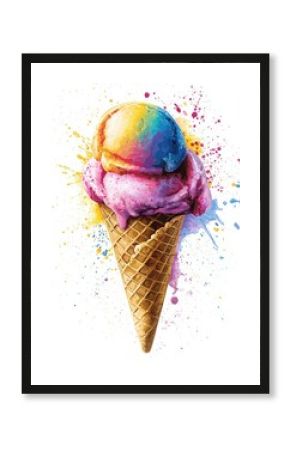 Colorful ice cream cone with splashes of paint in vibrant pink, yellow, and blue