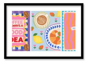 Coffee and croissant. Vector cute french illustration of seamless mediterranean pattern with dessert, lemon, strawberry, bean, cappuccino for cafe art poster, kitchen card, background or postage stamp