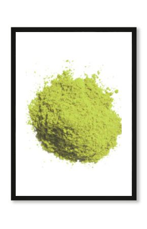 Matcha green tea powder on white background flatlay top view. Organic sencha herb heap shows healthy asian lifestyle drink. Ground chlorella splash creates natural zen food ingredient look.