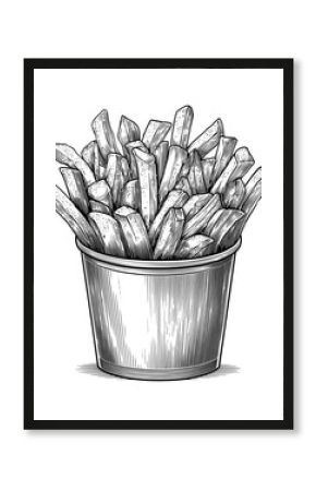 A sketch style illustration of French fries in a cup, in black and white, symbolizes comfort food