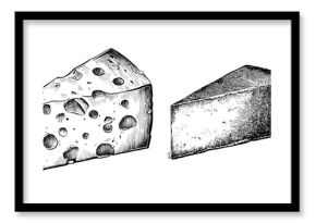 The illustration features a slice of cheese in vintage line art style with a black and white outline, resembling a scratch board engraving on a white background
