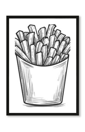Sketch of french fries in a paper cup, hand-drawn monochrome illustration. Vector illustration
