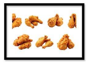 crispy fried chicken pieces assorted in various arrangements isolated on transparent background with clear visibility of texture and details