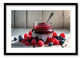 Top view of a jar filled with wild berry jam on a white wooden surface