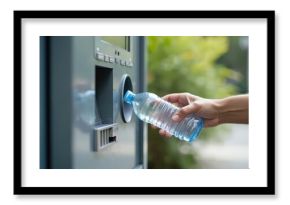 Person puts empty plastic water bottle reverse vending machine for recycling. Machine dispenses money reward for return. Concept eco-friendly tech for pollution reduction. Recycling, reuse of