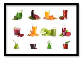 Collage of tasty vegetable juices on white background