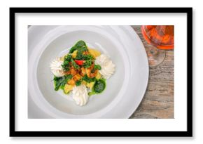 marinated chili prawns on creamy polenta (gluten-free) with ricotta and parsley pesto