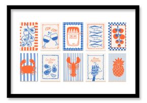 Vintage food posters. Kitchen frame banner. Food and drinks compositions with fruit, fish, wine, vegetables, sardines for cafe menu. La dolce vita decor. Vector retro set
