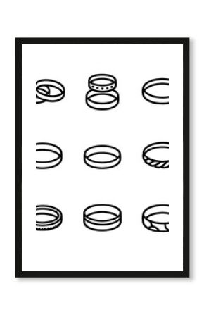 Wedding Ring Icon Set. Outline icon set of wedding ring sets: his and hers band, matching stackable rings, eternity band, simple