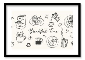 Whimsical breakfast doodles. Vintage hand drawn icons with la dolce vita aesthetic in simple crayon and sketch style. Trendy art for menus and dinner brunch invitations. Lineart vector illustration