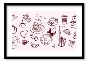 Whimsical breakfast doodles. Vintage hand drawn icons with la dolce vita aesthetic in simple crayon and sketch style. Trendy art for menus and dinner brunch invitations. Ink vector illustration