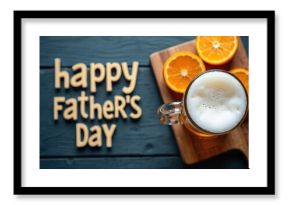 Top-down view of Father Day themed image. Includes beer in glass mug and orange slices on wooden cutting board, along with words Happy Fathers Day. Ideal for greeting cards and holiday promotions.