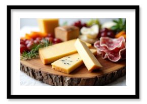 Assorted cheeses and cured meats arranged on a rustic wooden board for a gourmet presentation