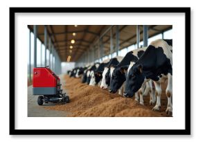 Automated farm scene featuring robot feeding cows. Modern dairy farm with robotic automation for animal care, smart agriculture tech, and AI. Cows eat at byre. Innovation in food production.