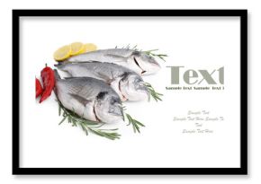 Sea food. Dorado fish and products on white background. Banner design with space for text