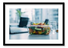 Fresh salad in a plastic container on office desk with city view in background. 