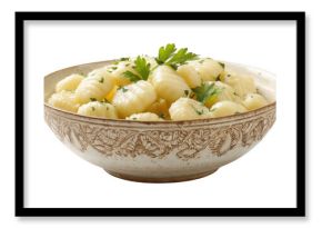 Steaming hot gnocchi seasoned with butter and parsley, served in a rustic bowl, creates an inviting image ideal for food blogs and restaurant menus with a transparent background