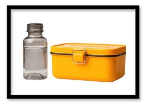 Studio shot of a yellow lunchbox with a metal clasp and a transparent plastic water bottle filled with still water, both set against a transparent background