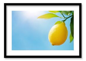 Lemon garden with lemon friuts on blue sky background