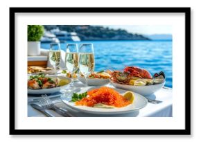 Luxurious seafood lunch with champagne on a yacht in the mediterranean sea