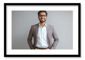 Smiling India businessman standing with hands in pockets against in studio