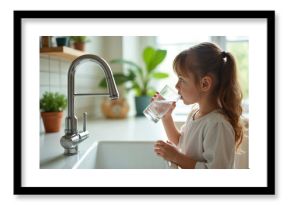 Young child drinking fresh water from a glass at home kitchen. Girl holds glass, drinks clean water. Healthy lifestyle, hydration, refreshment. Household, indoor scene.