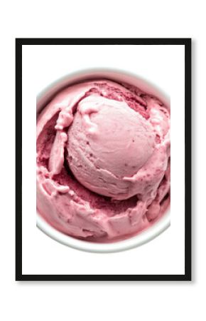 Single scoop of pink strawberry ice cream in white bowl isolated on transparent background