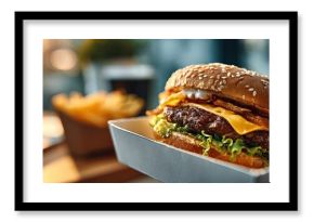 Hand holding a takeaway cheeseburger with melted cheese, crispy bacon, fresh lettuce and mayonnaise, accompanied by french fries, in a fast food restaurant