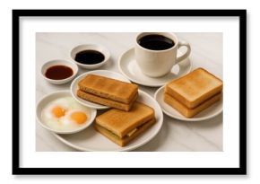Classic Asian breakfast featuring soft-boiled eggs and toasted bread with butter and kaya spread