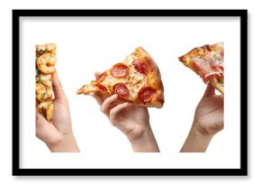 Set of hand holding Pizza Slice, BBQ chicken, cheese, pepperoni, seafood shrimp, prosciutto ham isolated on transparent cutout PNG. Many different flavours. Mockup template for artwork design