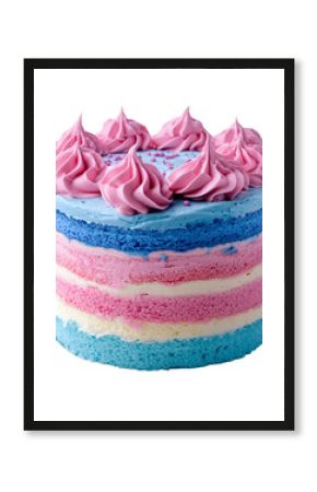 Colorful layered cake with pink and blue frosting representing celebration isolated on transparent background.