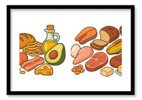 Variety of healthy foods arranged artistically on a white background showcasing natural ingredients for balanced meals