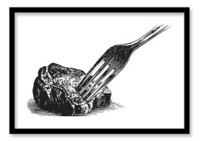 Engraved drawing of a fork piercing a piece of juicy steak, culinary vector illustration