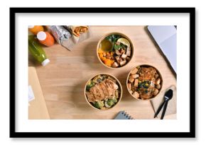 Having a lunch break at the office with delicious Healthy food delivery in take away boxes, Healthy eating concept.