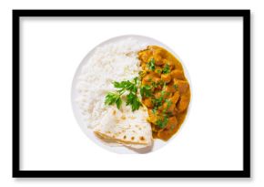 plate of chicken with curry sauce, rice and pita bread isolated on transparent background, top view