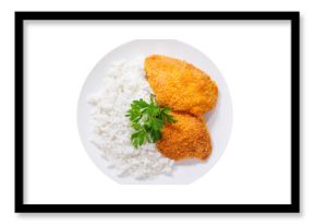 plate of chicken schnitzel with rice isolated on transparent background, top view
