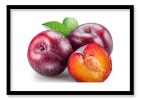 Ripe chinese plums with green leaf isolated on white background. File contains clipping paths.