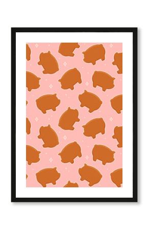 Marranitos, puerquitos or chichimbré, Mexican pig shaped gingerbread cookies seamless pattern. Simple flat pink background vector illustration.