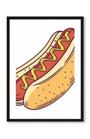 Hot dog vector illustration: a cartoon hotdog with mustard on a bun, isolated for a fast food snack icon