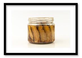 Canned sardine fillet, marinated pilchard, traditional sprat in oil, glass jar