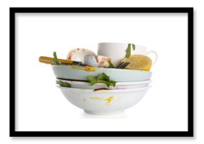 Many dirty dishes isolated on white background
