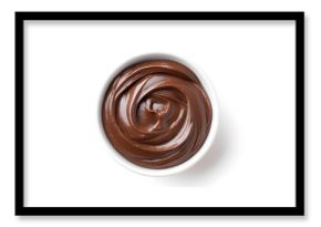 Chocolate ganache topping in glass bowl isolated. Glossy swirl of rich chocolate ganache in a glass bowl, perfect for dessert themes, pastry recipes, or food backgrounds