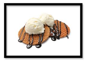 Tasty Dutch waffles (stroopwafels) with ice cream and chocolate sauce isolated on white